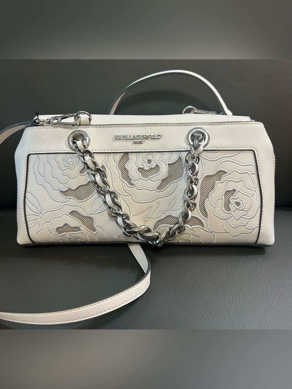 Karl Lagerfeld Cream White Floral Appliqué Heavy Chain Handles Shoulder Bag NWT - Picture 3 of 10